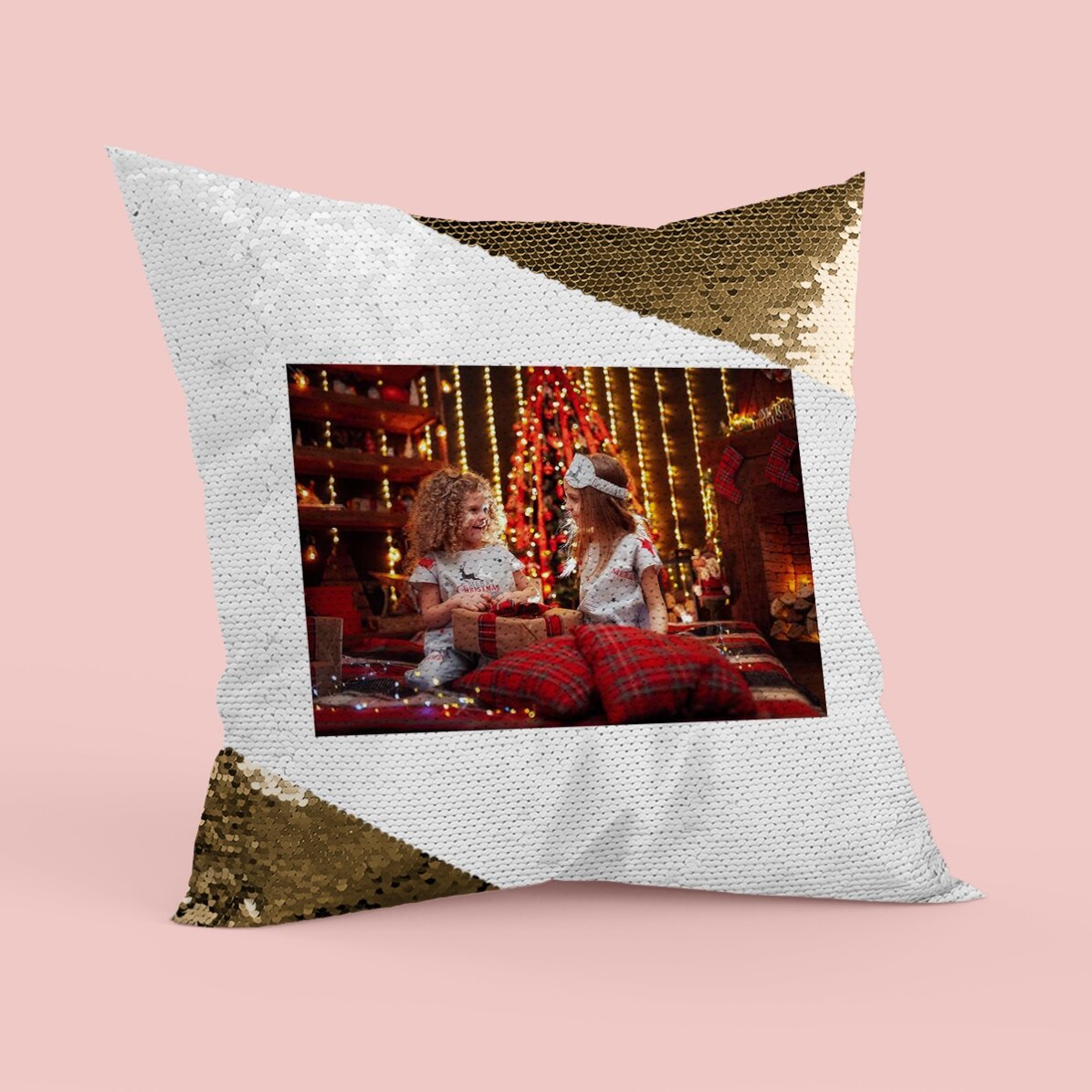 Personalised sequin cushion with photo - Gold sequins