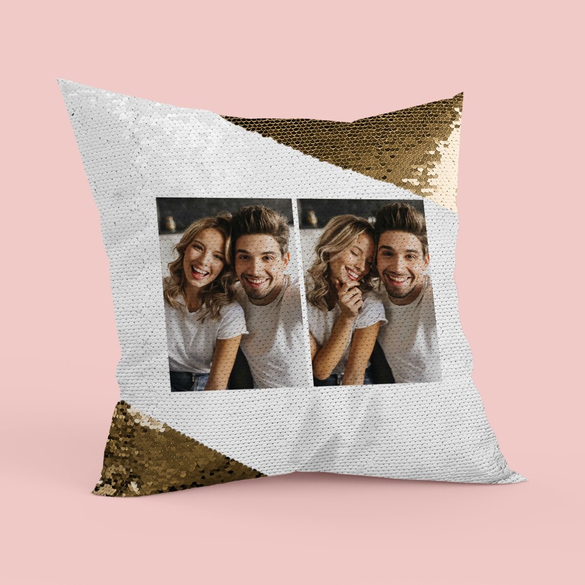 Cojín personalizado con 2 fotos de cuerpo entero - Lentejuelas doradas