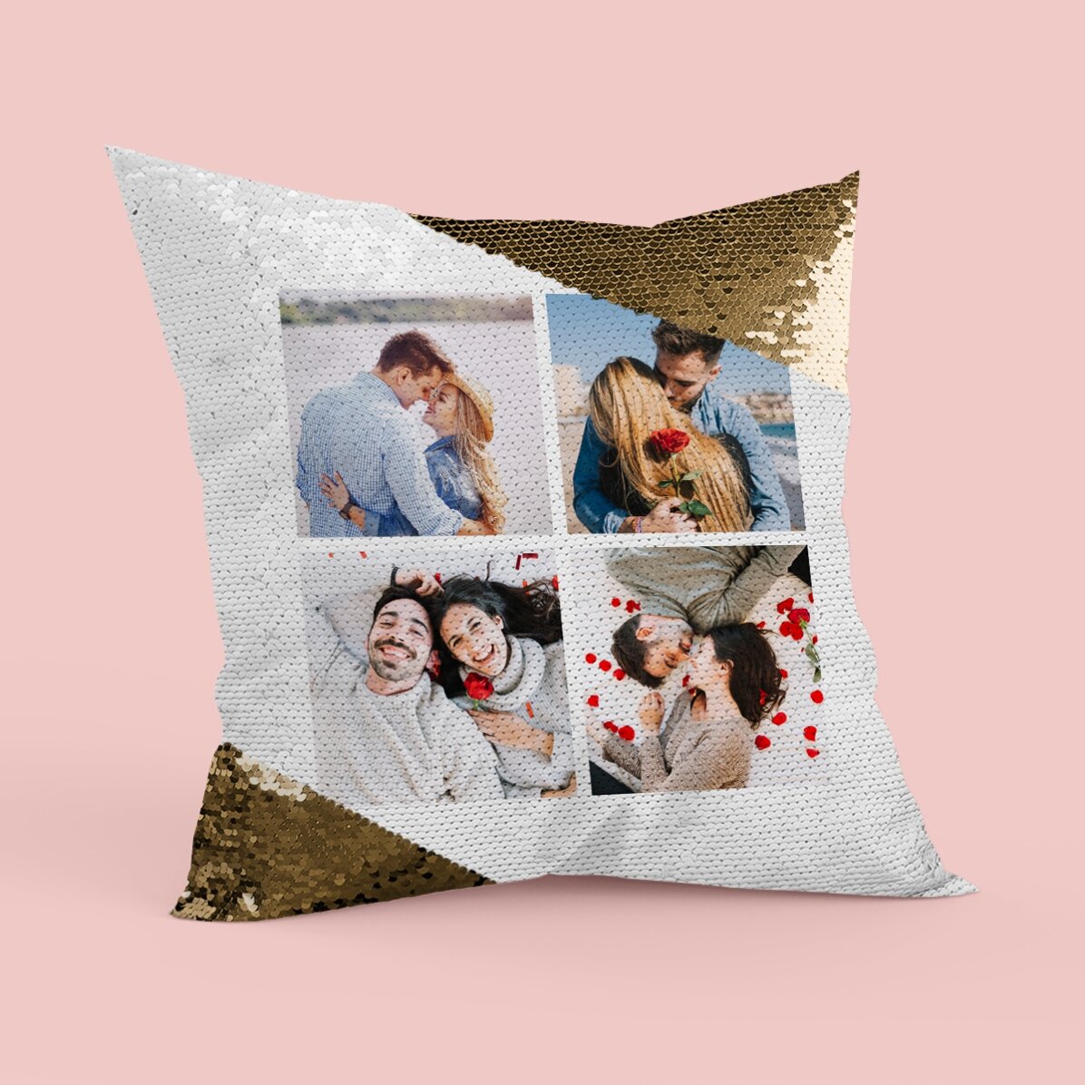Cojín personalizado con 4 fotos - Lentejuelas doradas