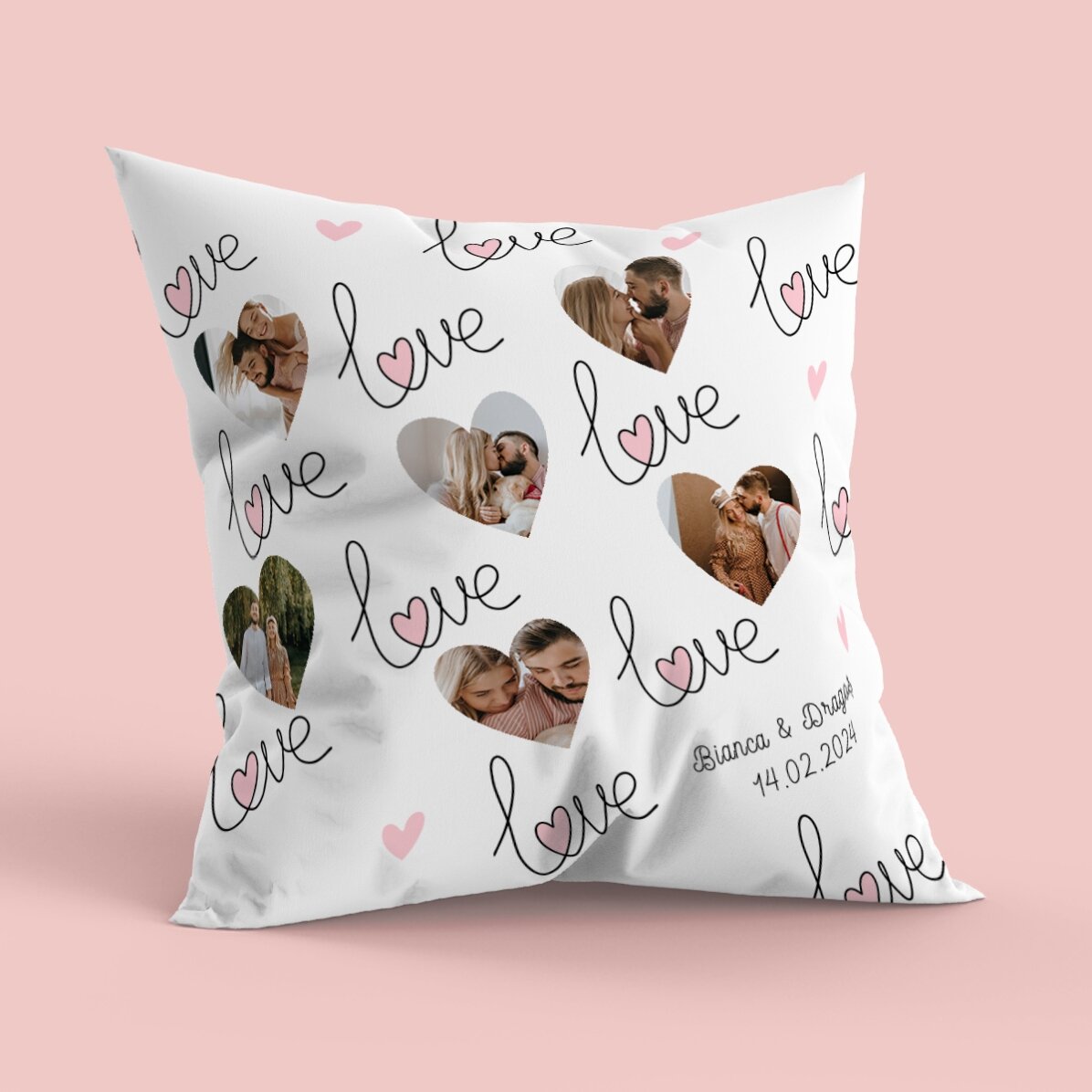 Cojín personalizado con 6 fotos, un corazón y un mensaje - Love