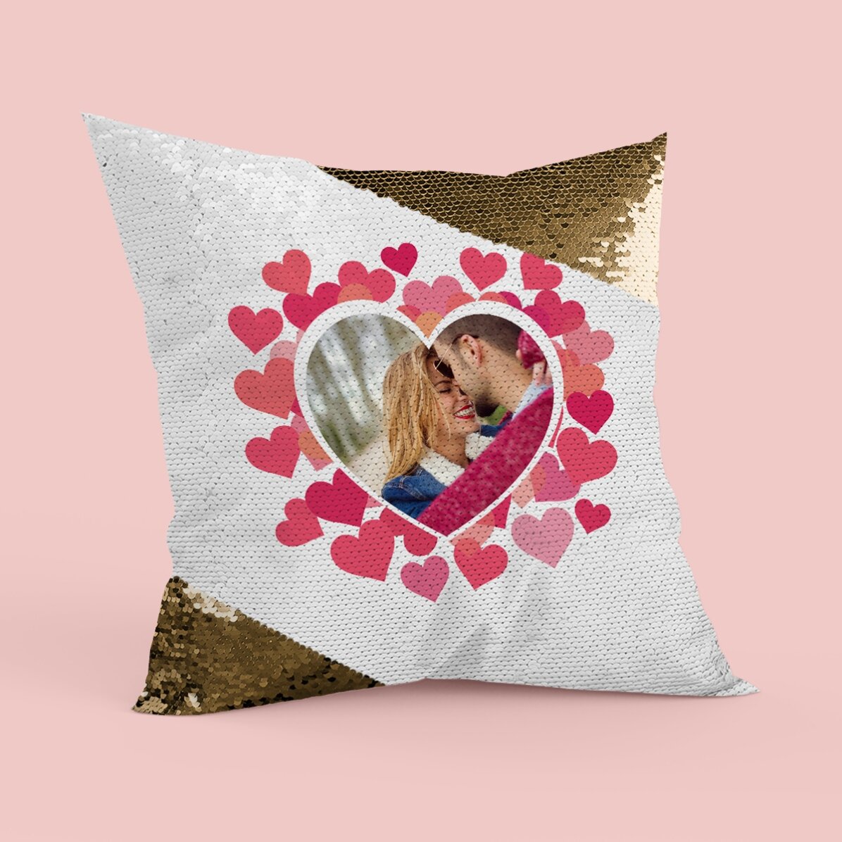 Cojín personalizado con una foto en forma de corazón rosa - Lentejuelas doradas