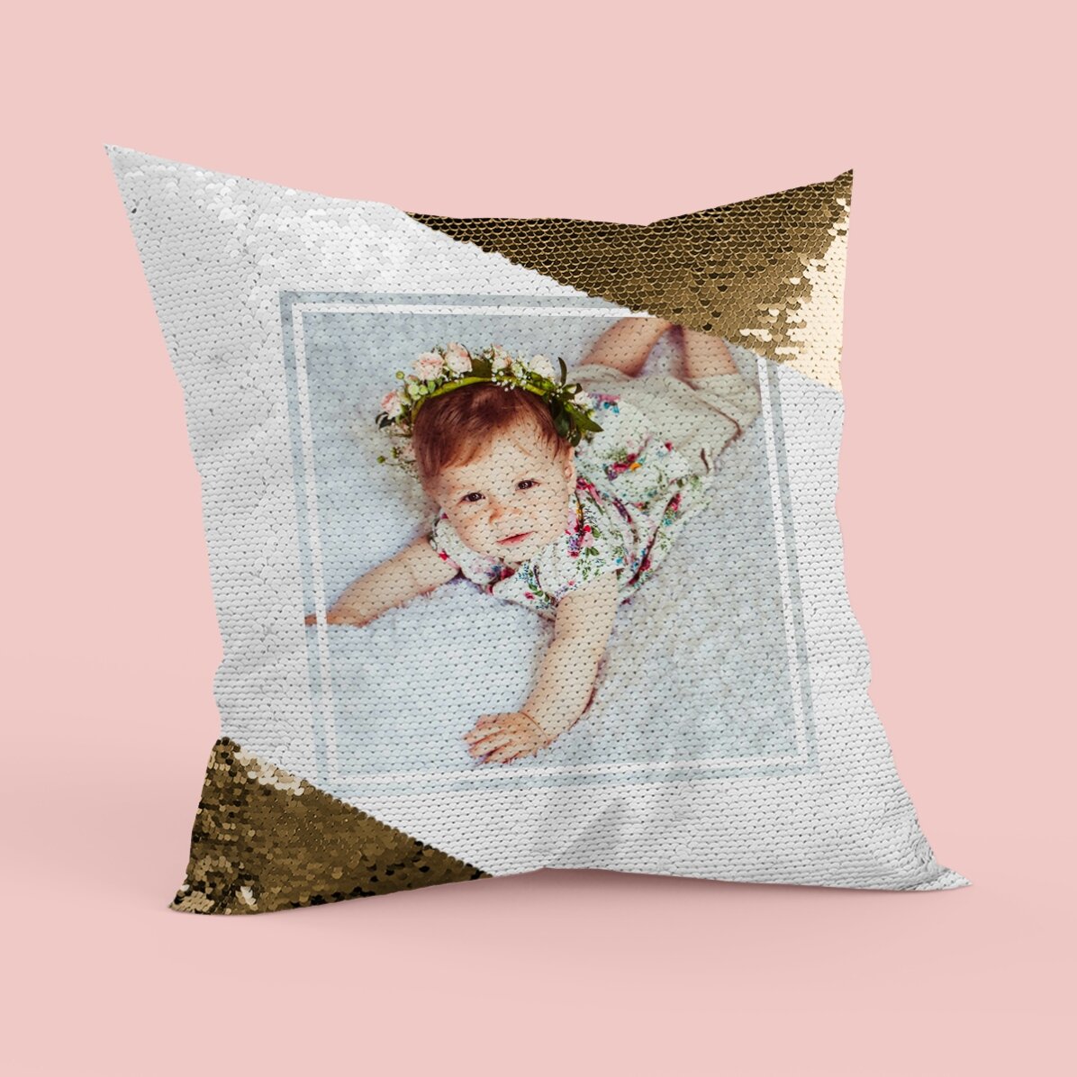 Personalised cushion with a photo - Gold sequins