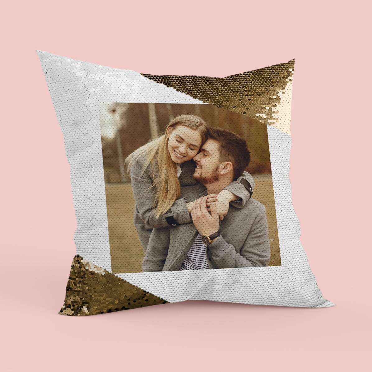Cojín personalizado con una foto cuadrada - Lentejuelas doradas