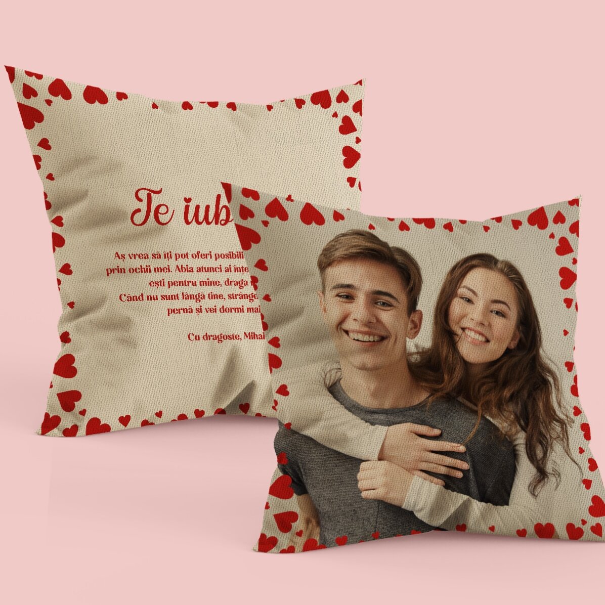 Cojín personalizado con una foto y un mensaje por ambos lados - Love