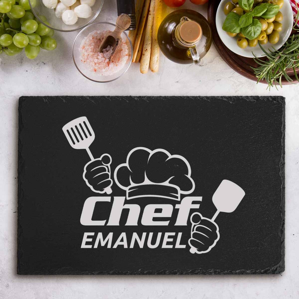 Placa de pizarra grabada y personalizada con texto: «Chef Puternic»