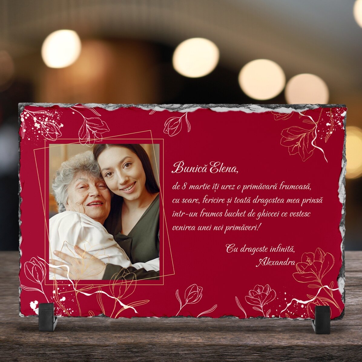 Placa de pizarra personalizada con una foto y un mensaje - Flowers