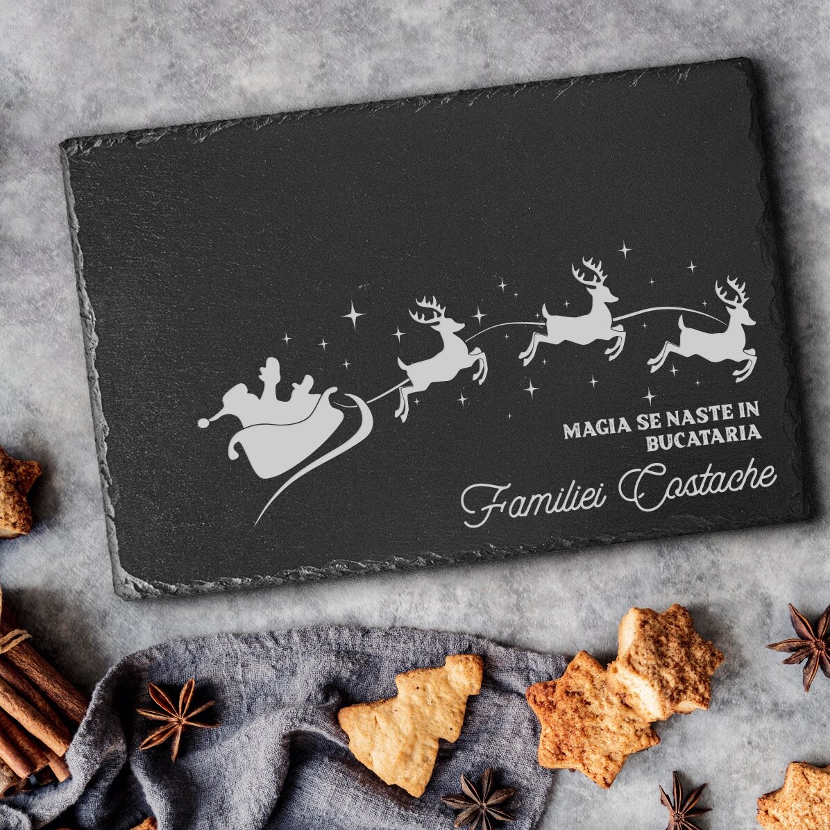 Placa de pizarra grabada y personalizada con texto: «La magia de la Navidad»