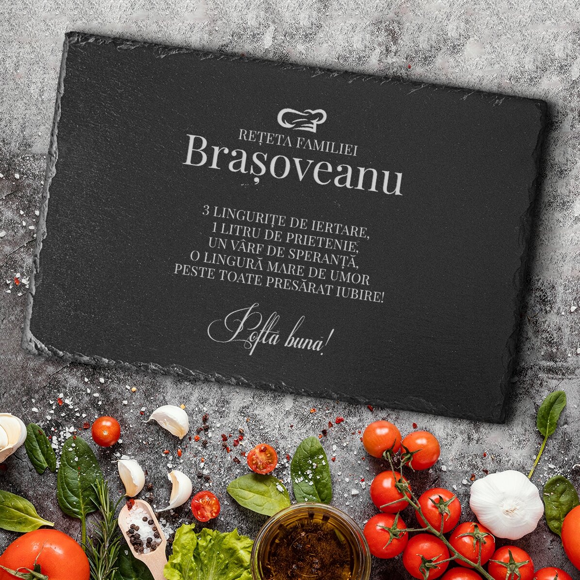Placa de pizarra grabada y personalizada con texto: «Receta familiar»