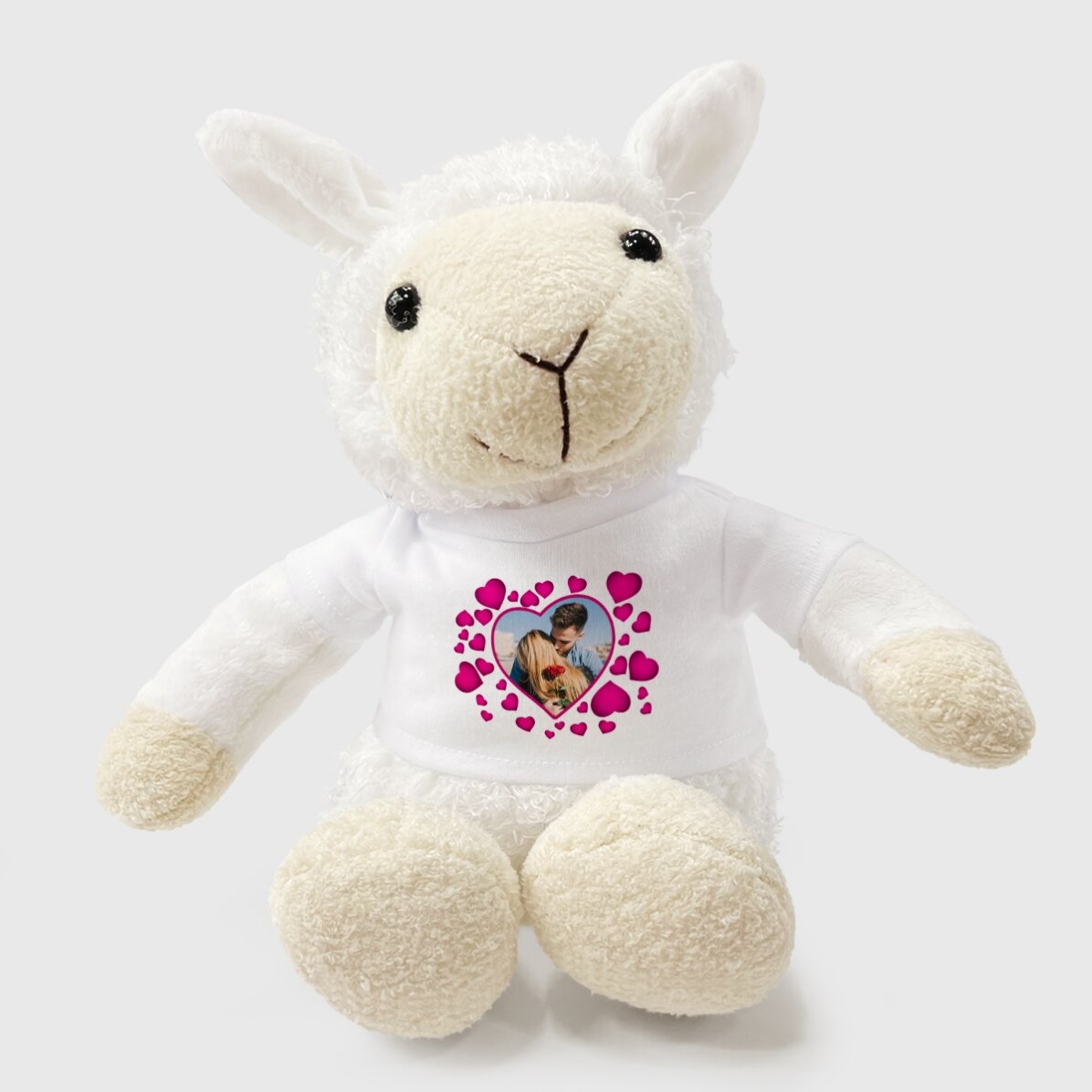 Oveja «Plus» personalizada con corazoncitos rosas y una foto