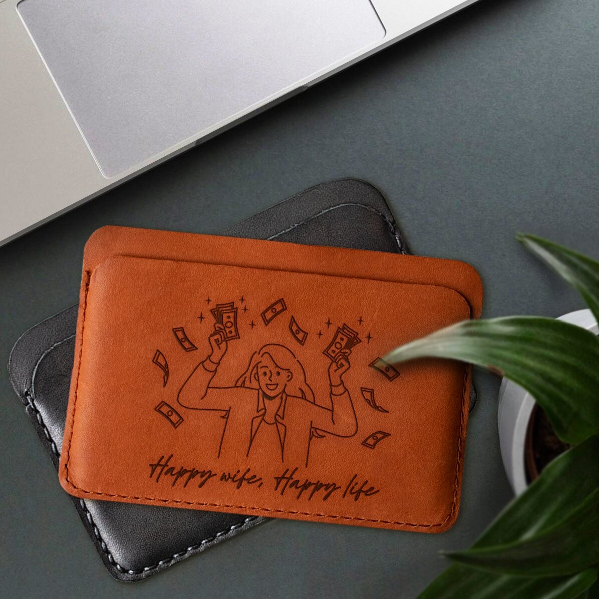 Cartera de piel personalizada con el texto «Happy wife, Happy life»
