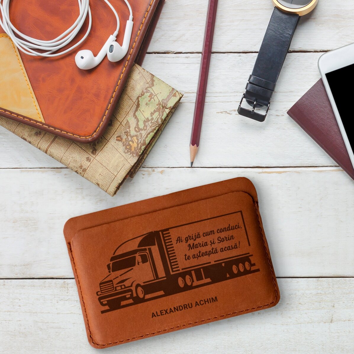 Cartera de piel personalizada con texto para conductores