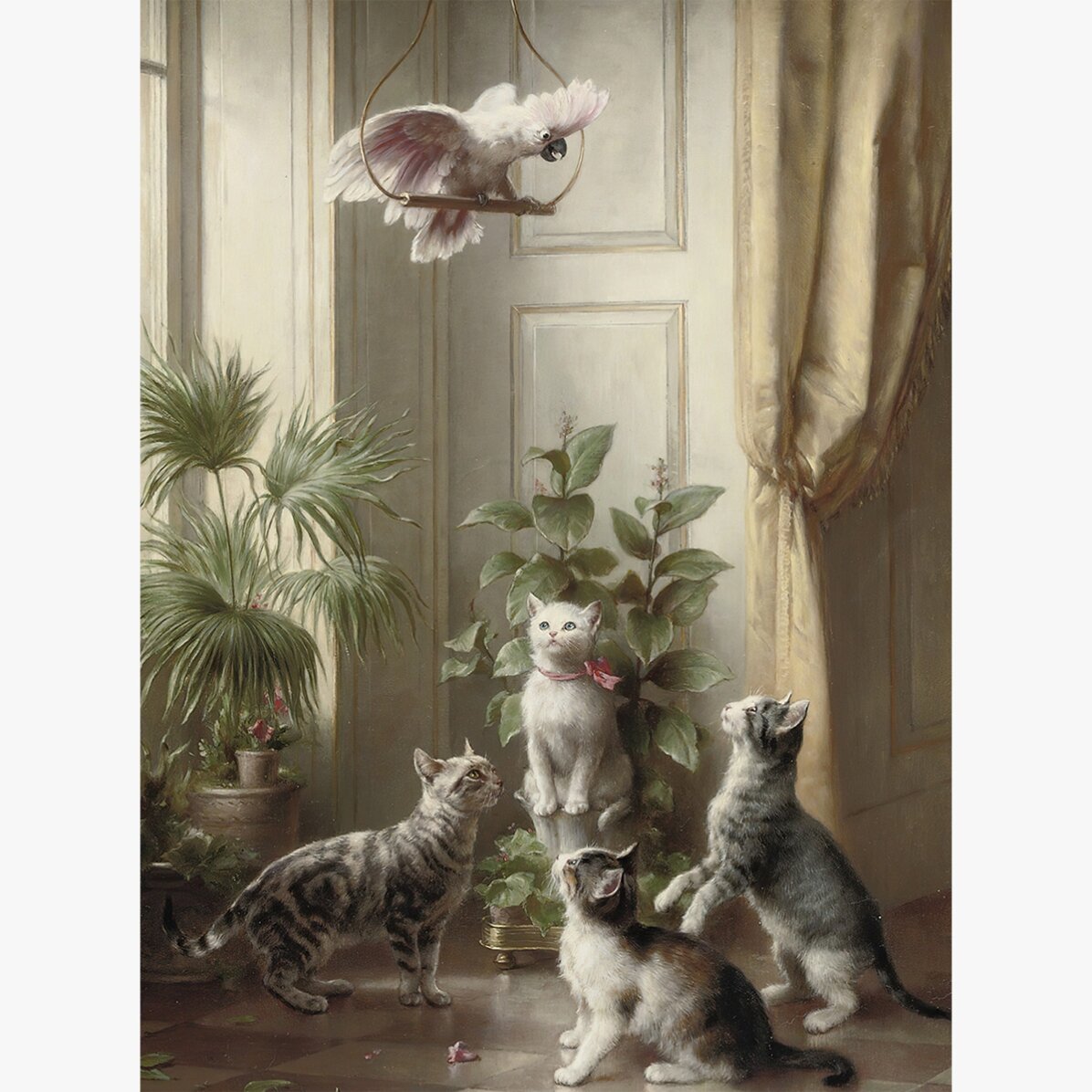 Lámina de Carl Reichert, «Gatos y cacatúas», 1898