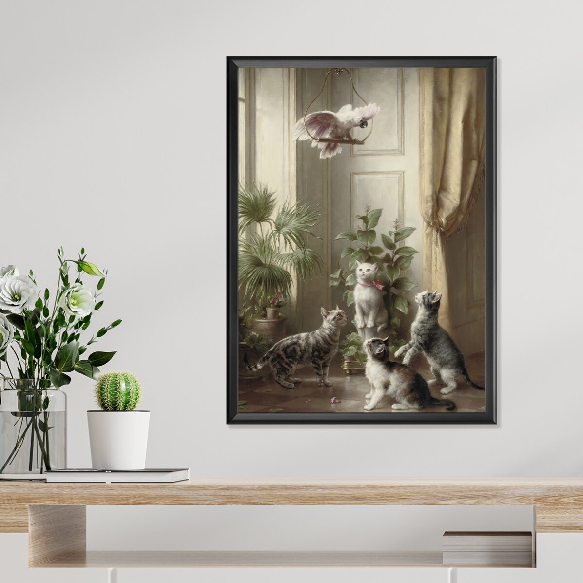 Lámina de Carl Reichert, «Gatos y cacatúas», 1898
