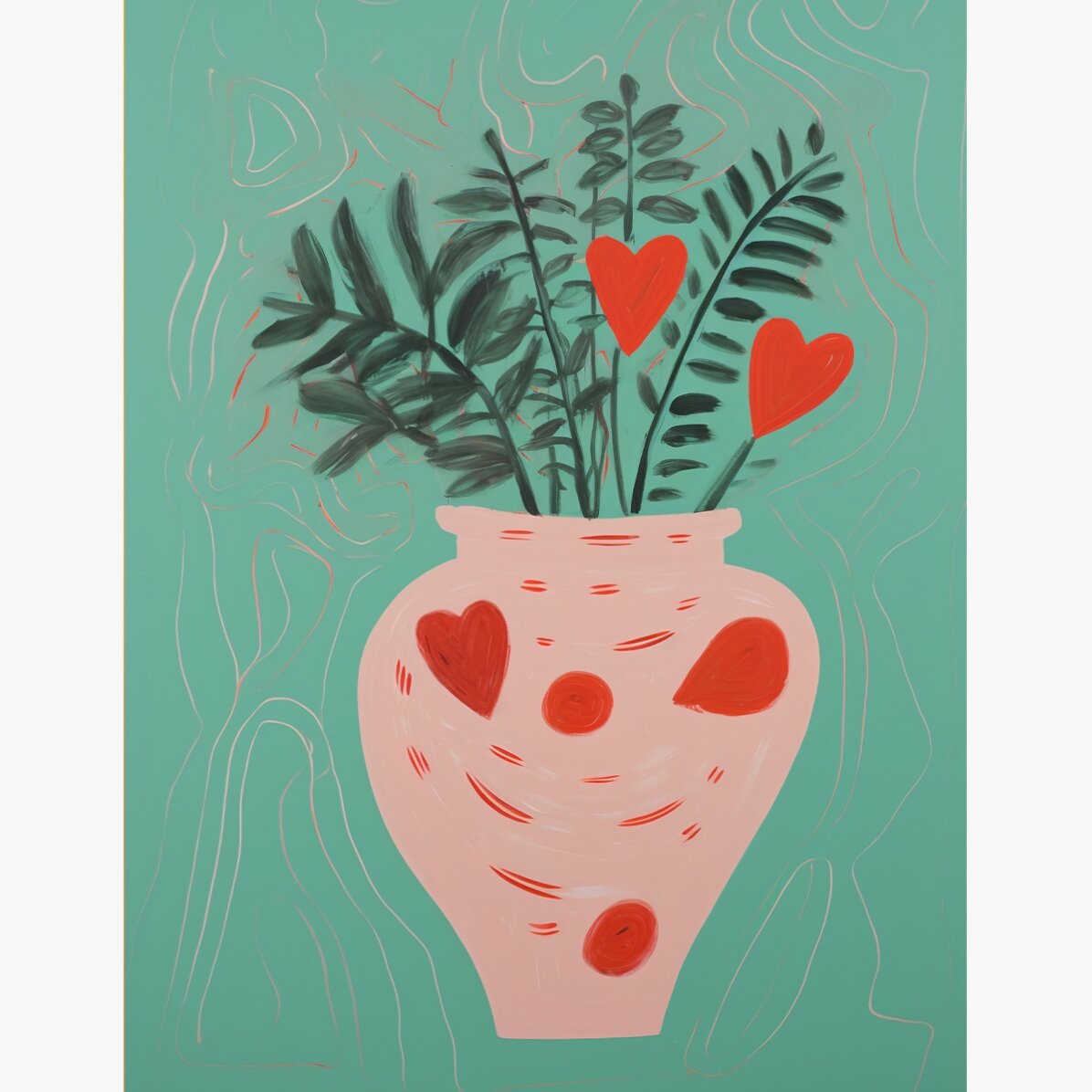 Póster con ilustraciones de plantas en maceta y corazones dibujados