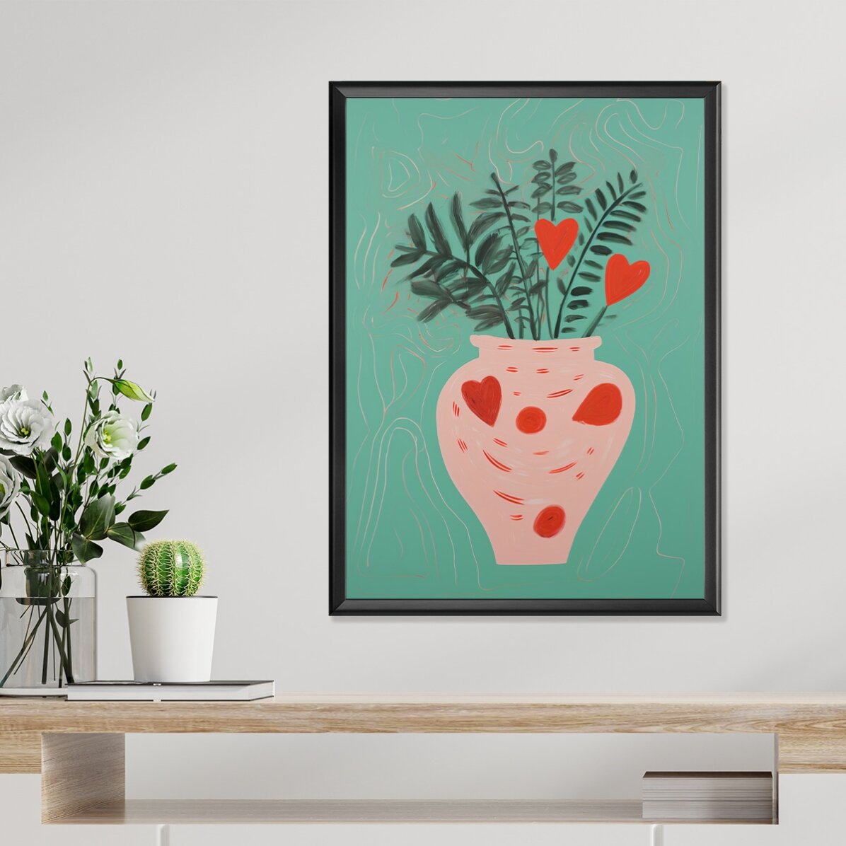 Póster con ilustraciones de plantas en maceta y corazones dibujados