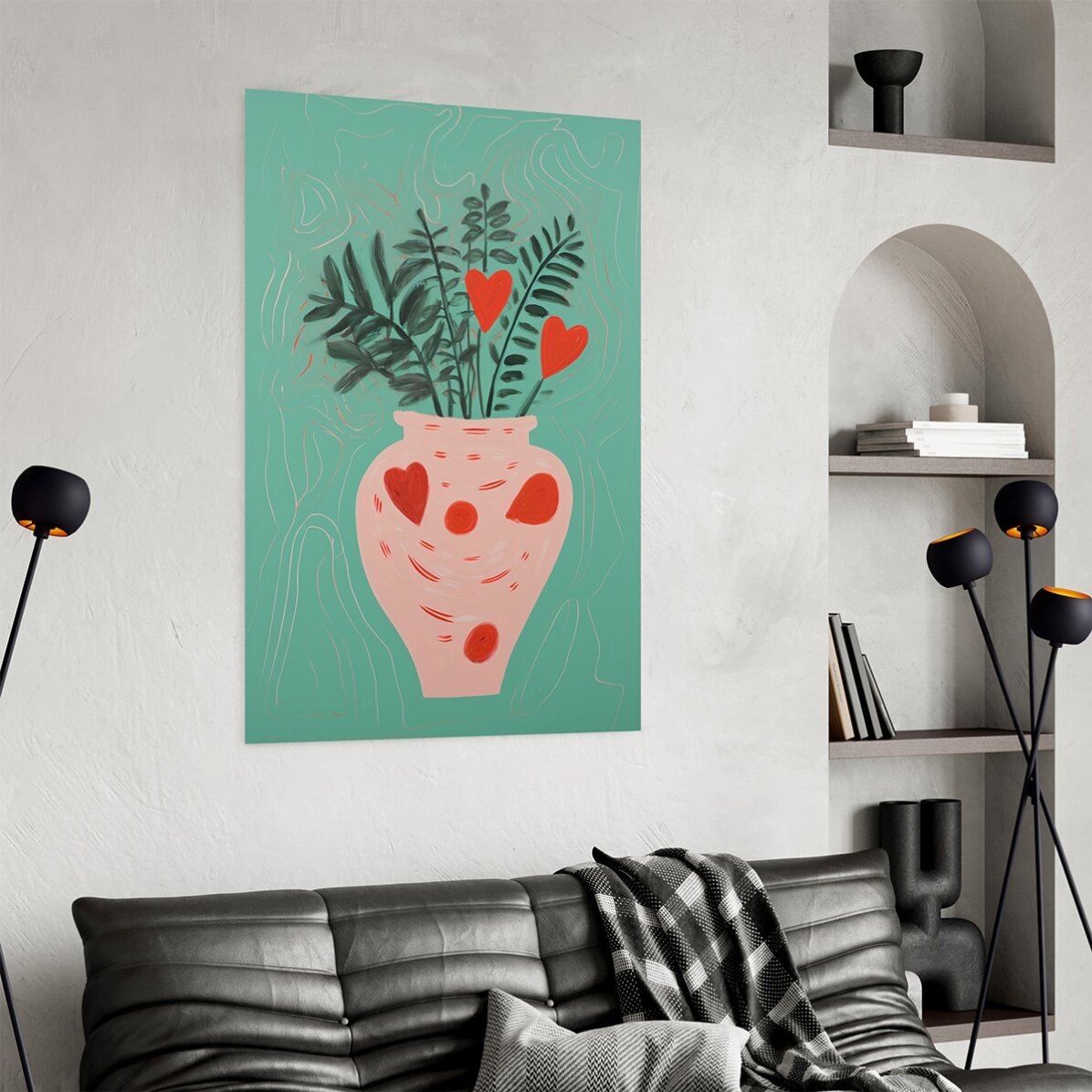 Póster con ilustraciones de plantas en maceta y corazones dibujados
