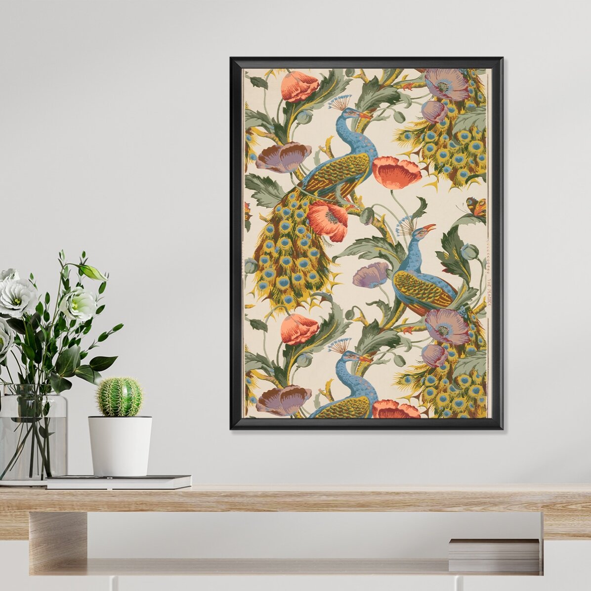 Póster vintage de pavos reales y amapolas