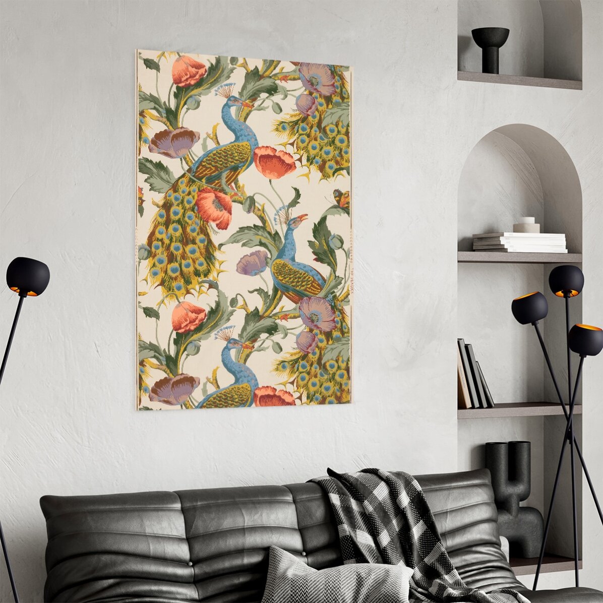 Póster vintage de pavos reales y amapolas
