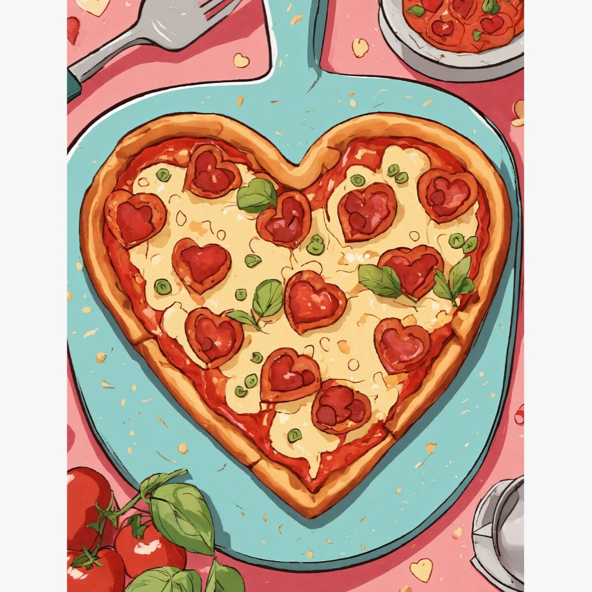 Póster de pizza en forma de corazón