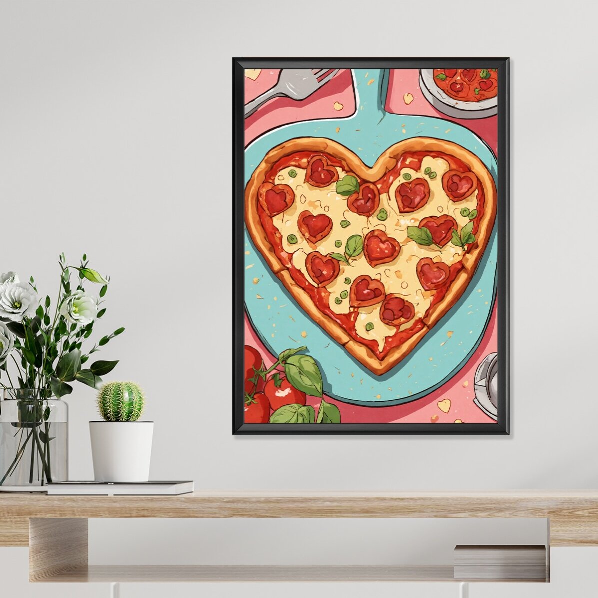 Póster de pizza en forma de corazón