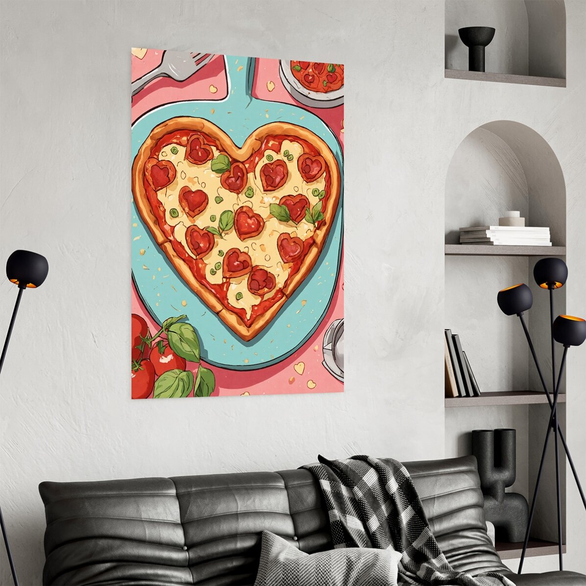 Póster de pizza en forma de corazón
