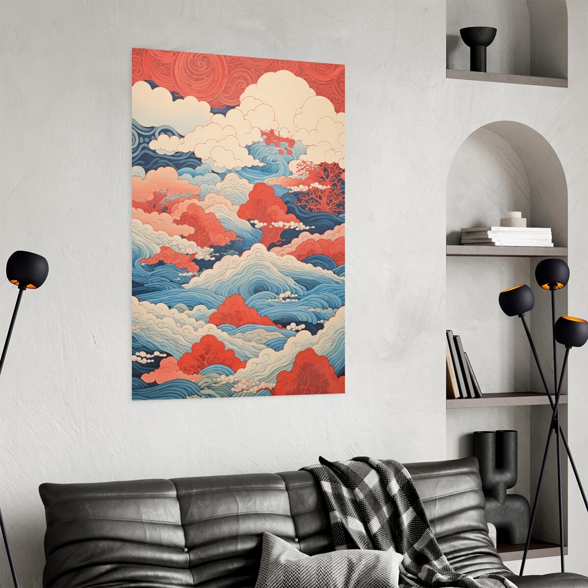 Póster de olas y nubes al estilo japonés