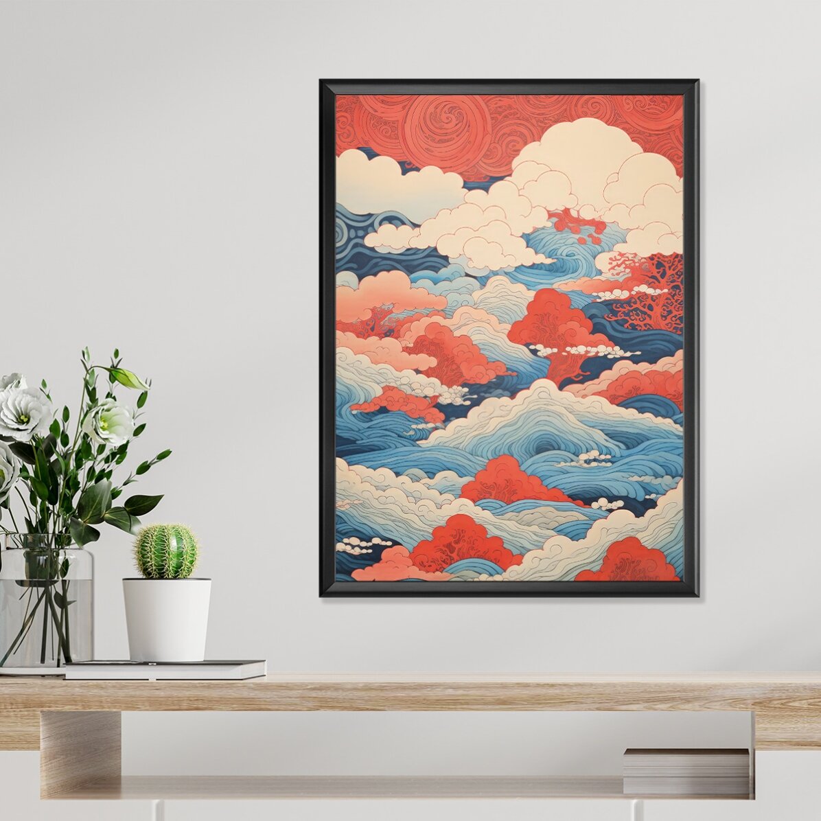 Póster de olas y nubes al estilo japonés
