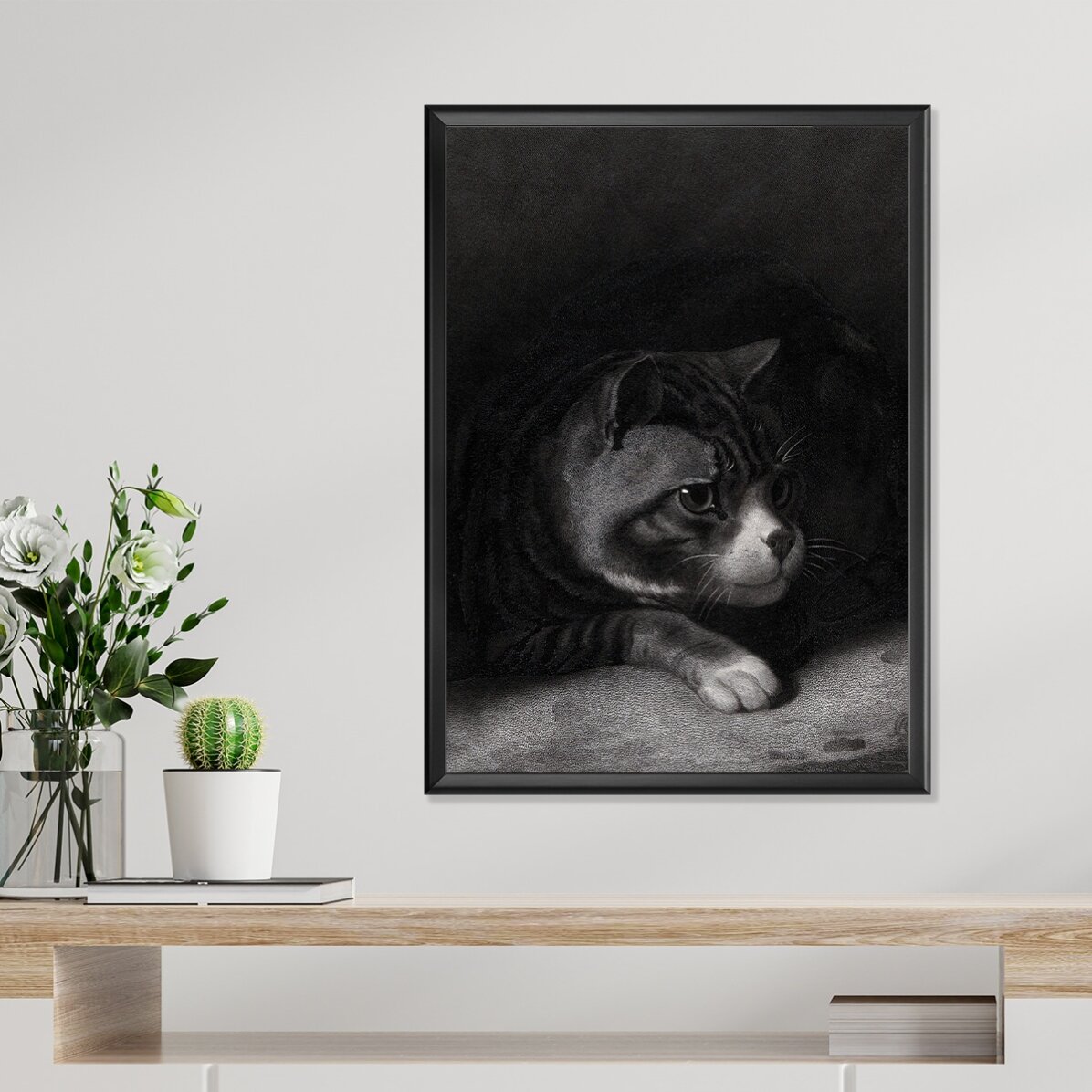 Lámina de William Gil, «El gato vigilante que observa entre las sombras», 1855