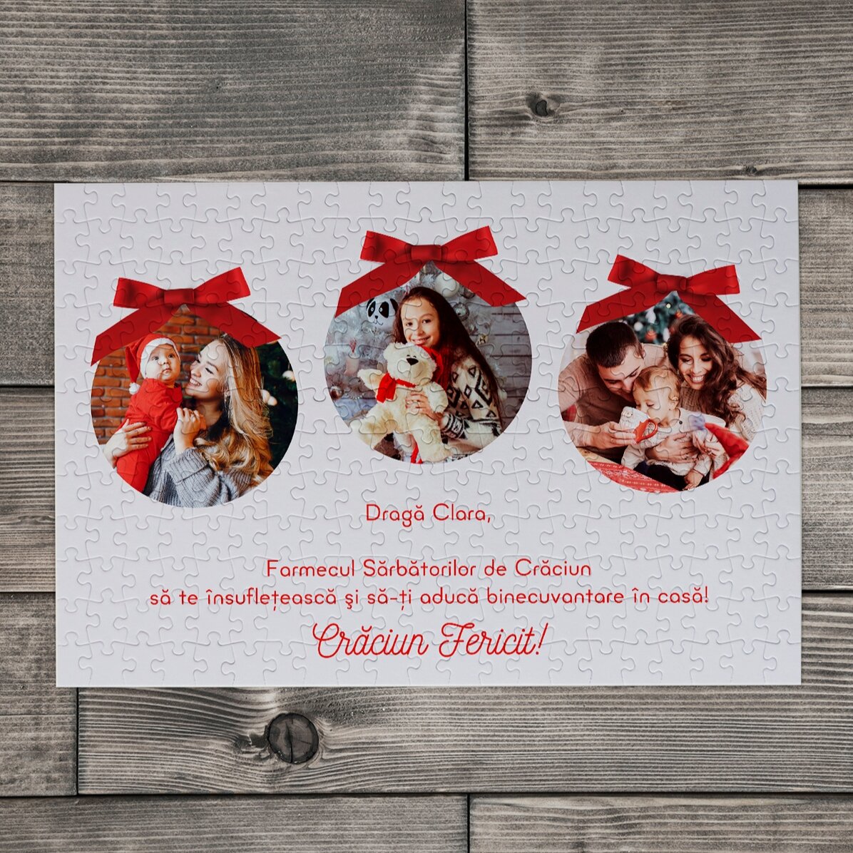 Rompecabezas personalizado con 3 fotos y texto, 36 x 24 cm - Felices fiestas