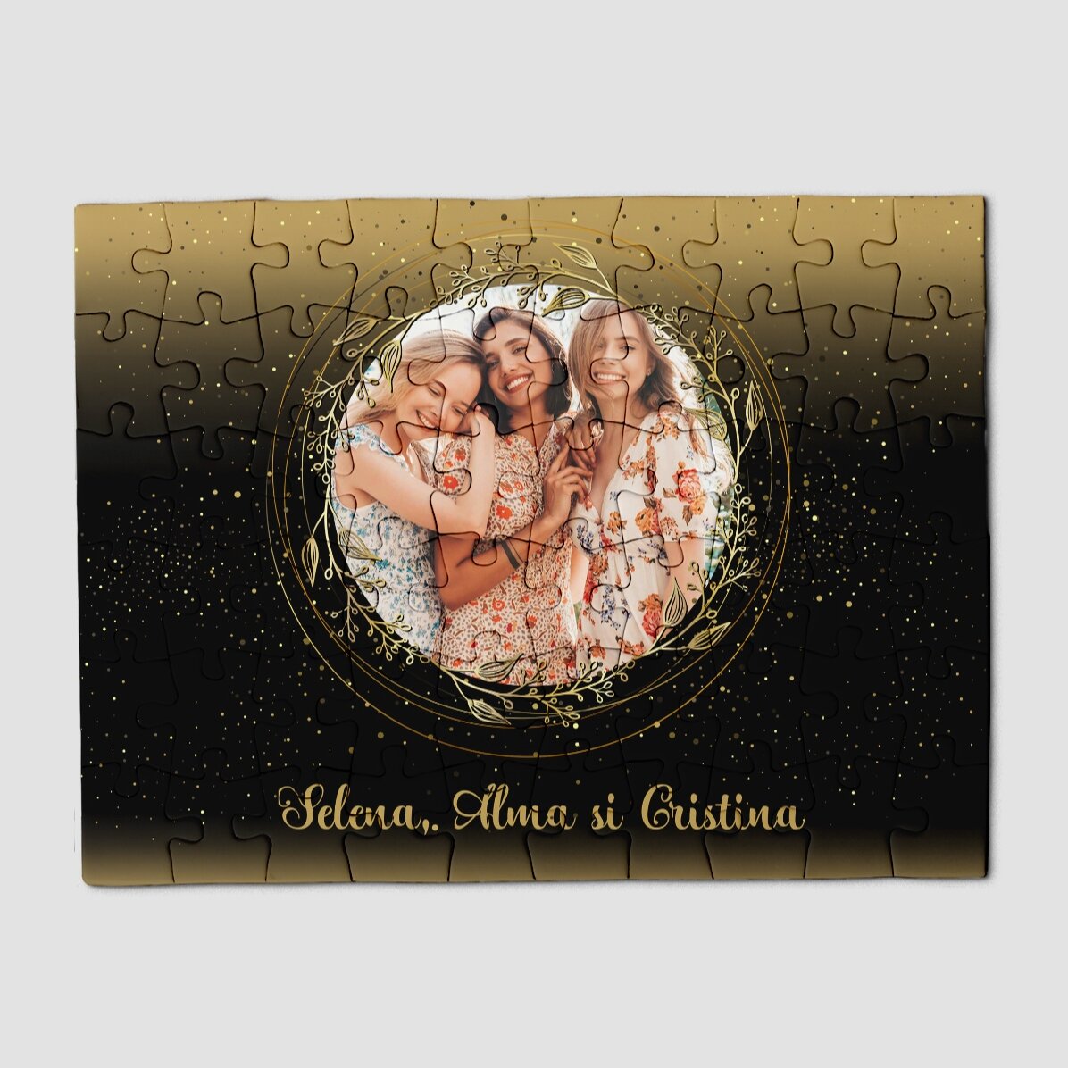 Rompecabezas personalizado con una foto y un texto, 20 x 15 cm - Marco dorado