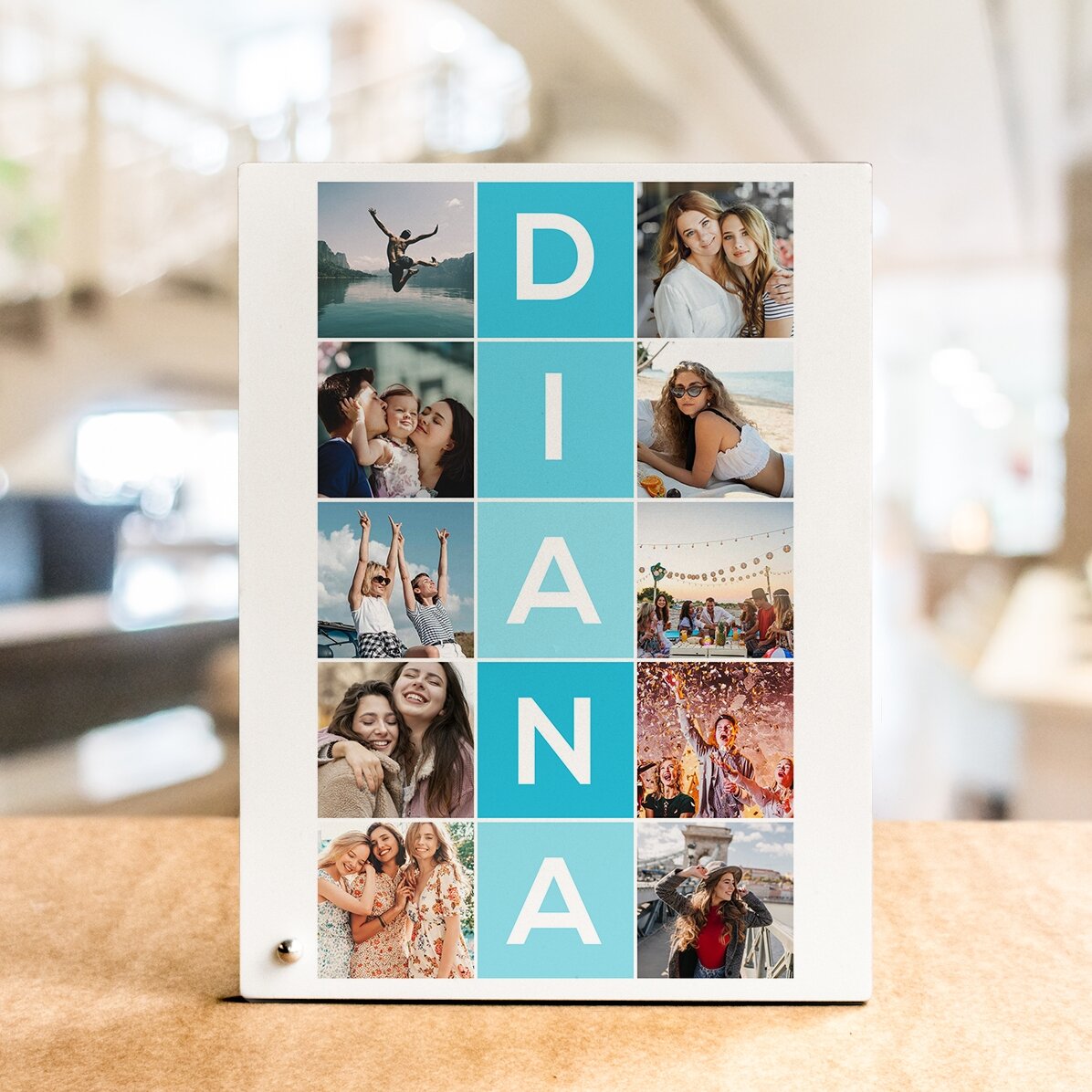 Marco de fotos de escritorio personalizado con 10 fotos y un nombre de 5 letras en vertical