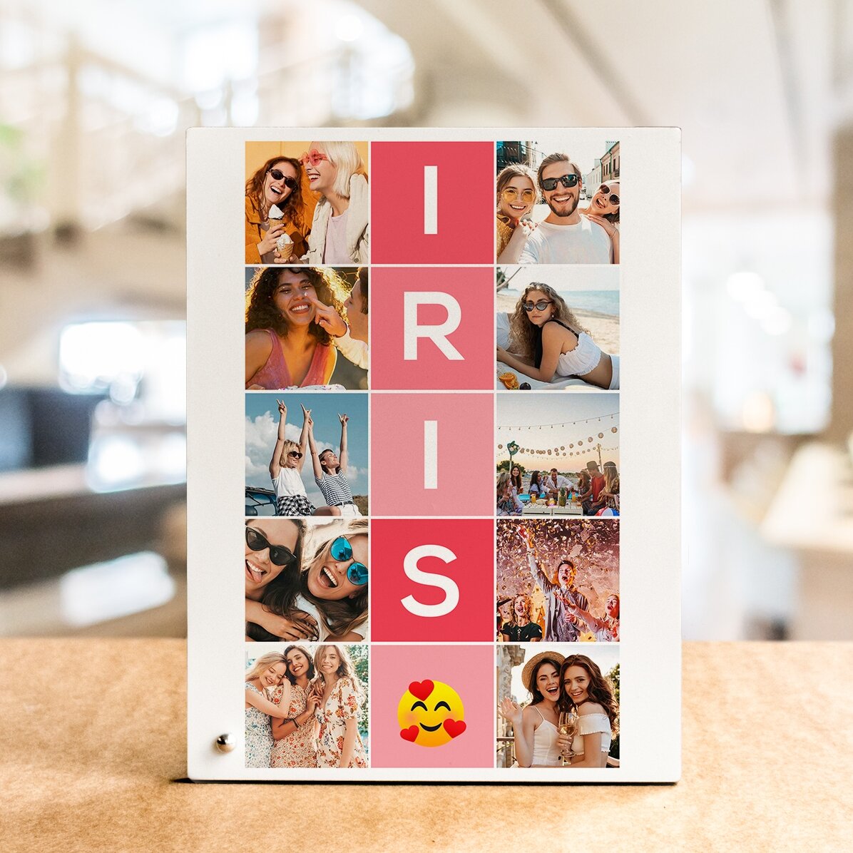 Marco de fotos de escritorio personalizado con 10 fotos y un nombre de 5 letras en vertical
