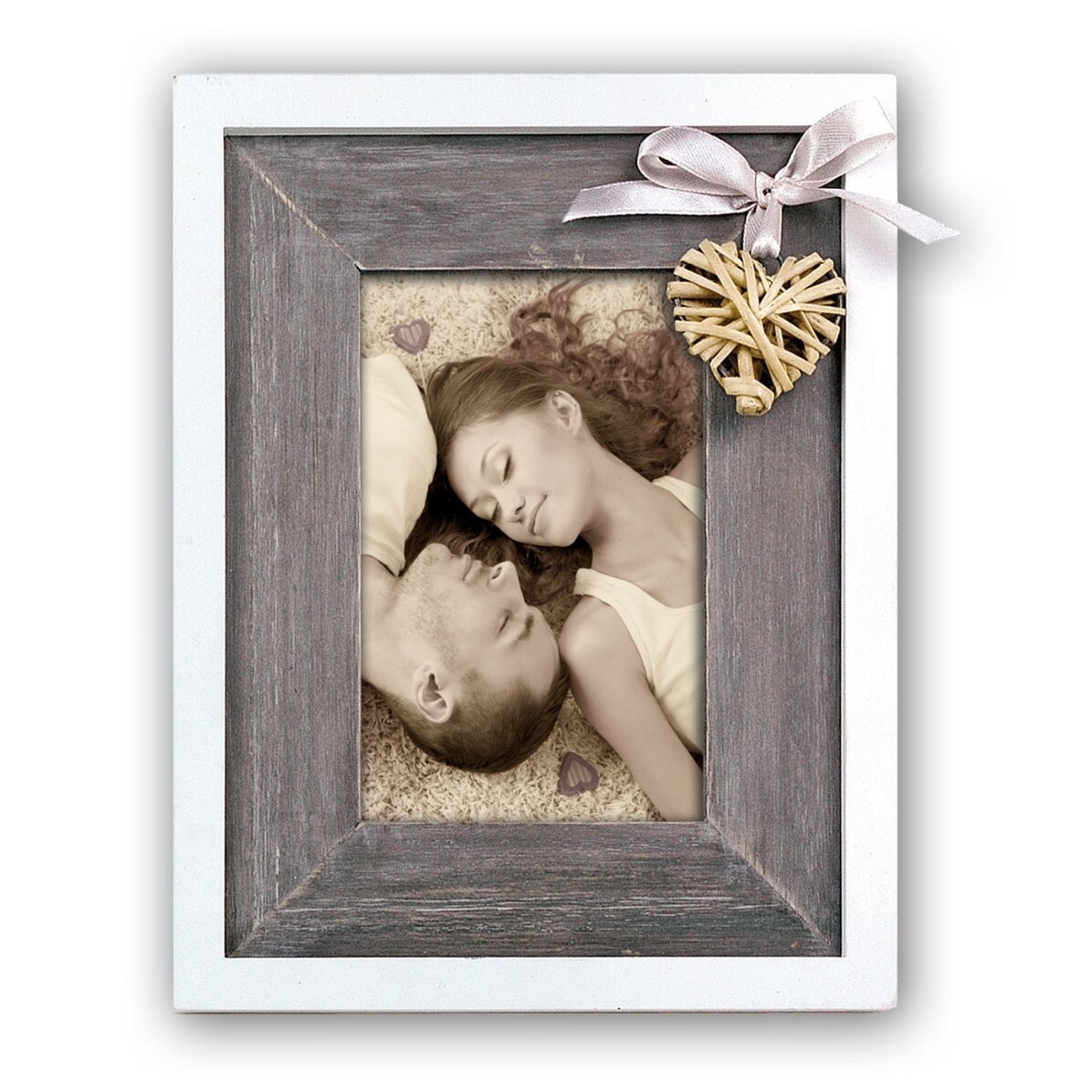 Marco de fotos con lazo y corazón de madera, 18,5 x 23,5 cm