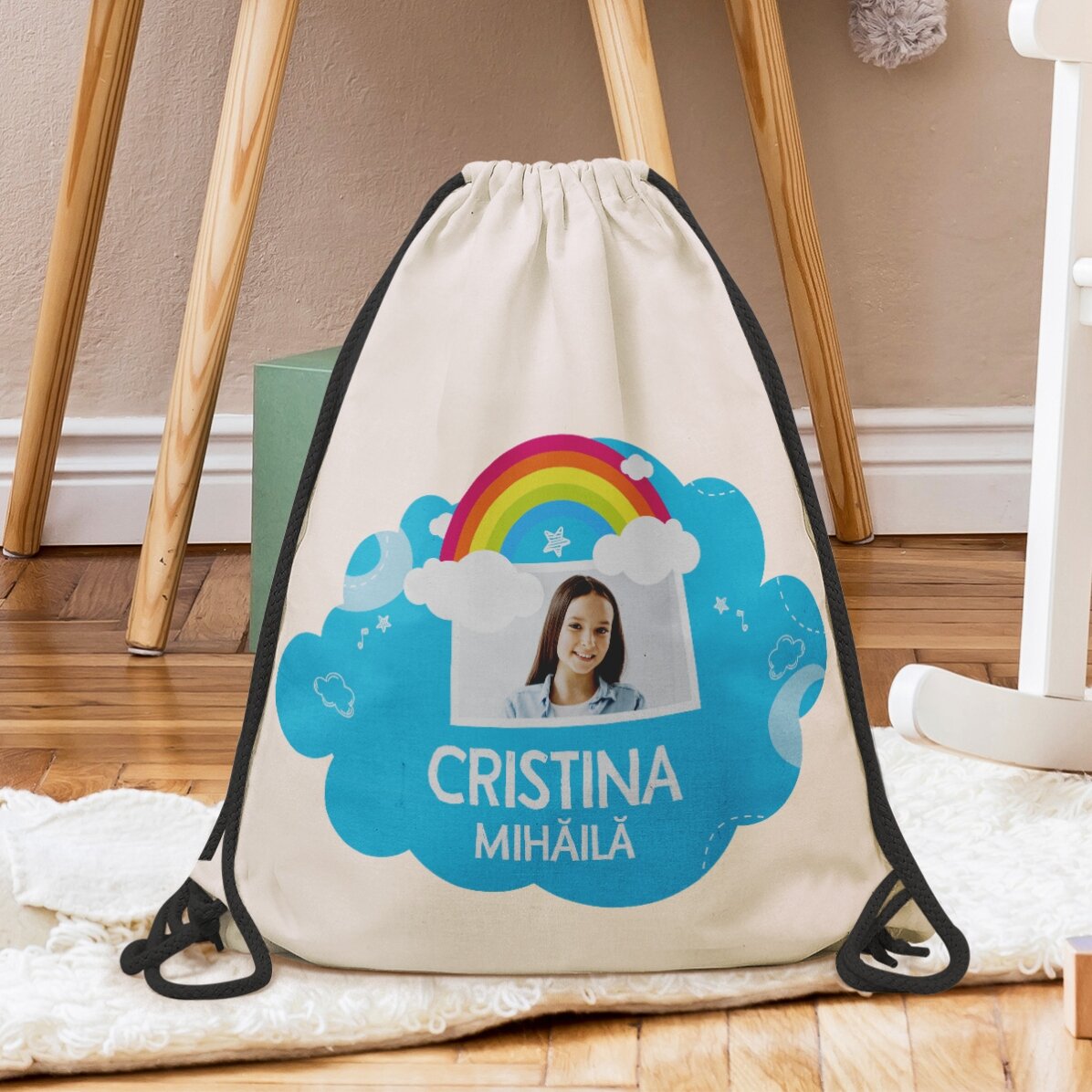 Mochila personalizada con nombre y foto - Modelo arcoíris
