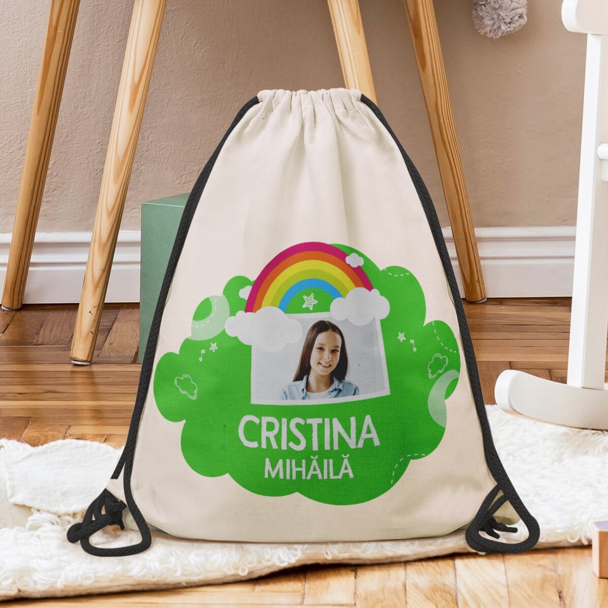 Mochila personalizada con nombre y foto - Modelo arcoíris