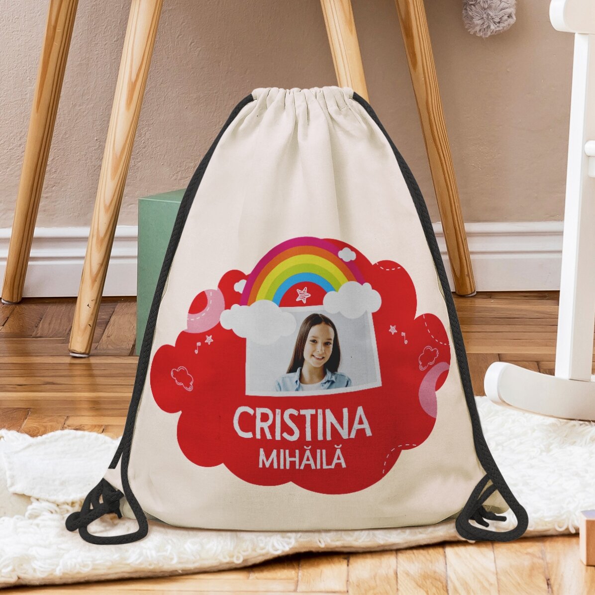 Mochila personalizada con nombre y foto - Modelo arcoíris