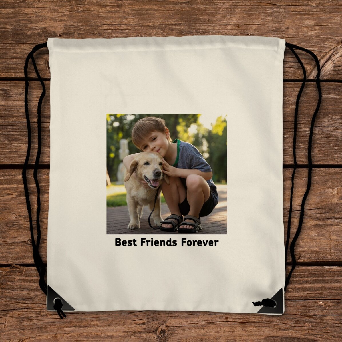 Mochila personalizada con una foto cuadrada y texto