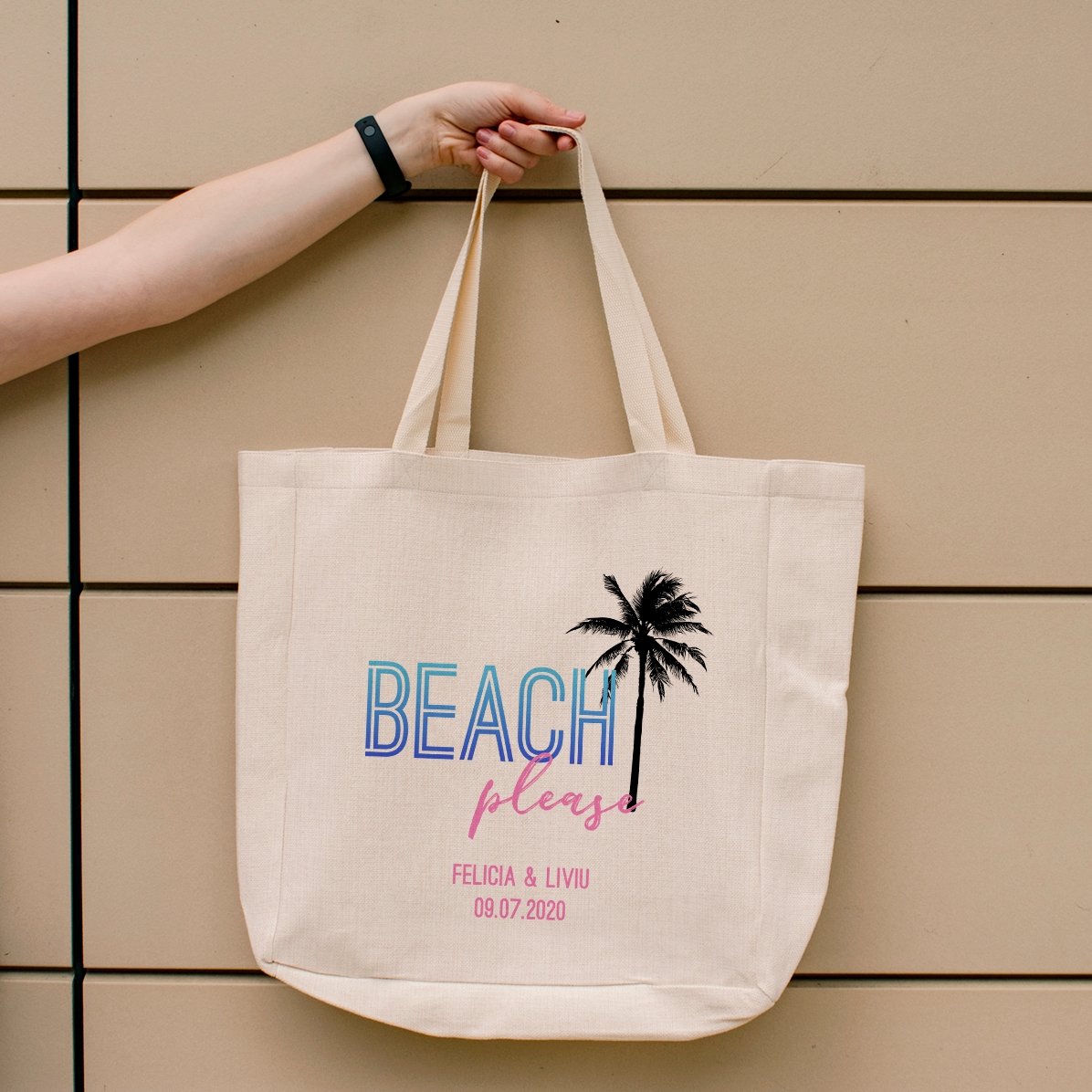 Bolso de playa personalizado con texto: «Beach please»