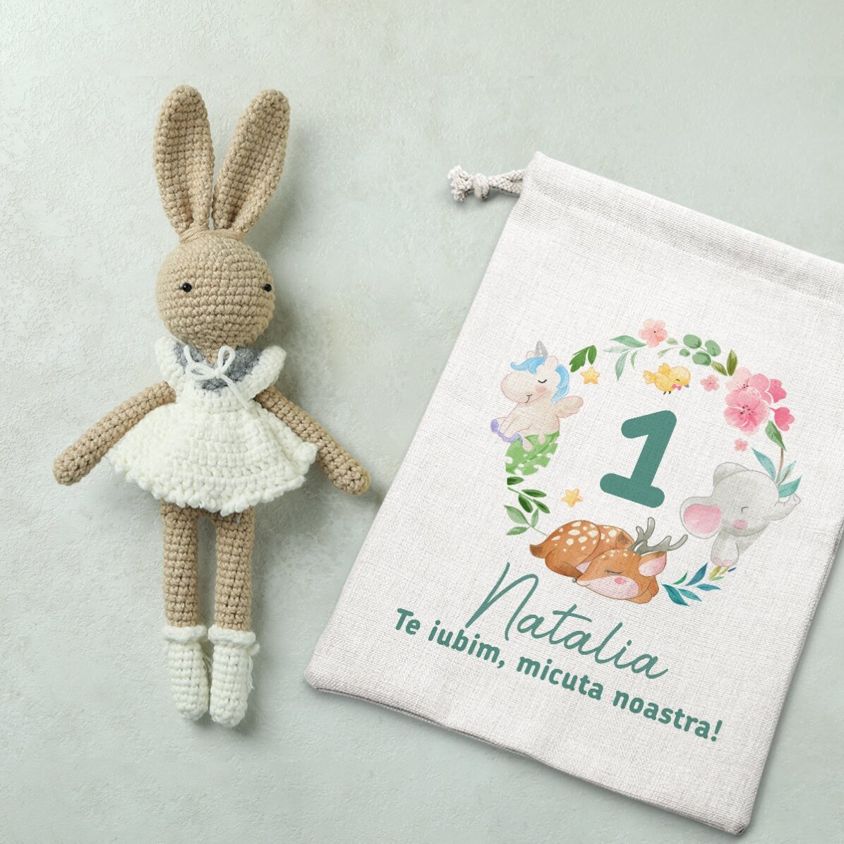 Bolsita pequeña para regalos personalizada con el texto «¡Feliz cumpleaños, pequeñín!».