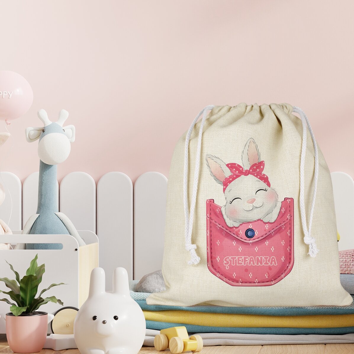 Bolsita para regalos/guardería personalizada con nombre - Conejito