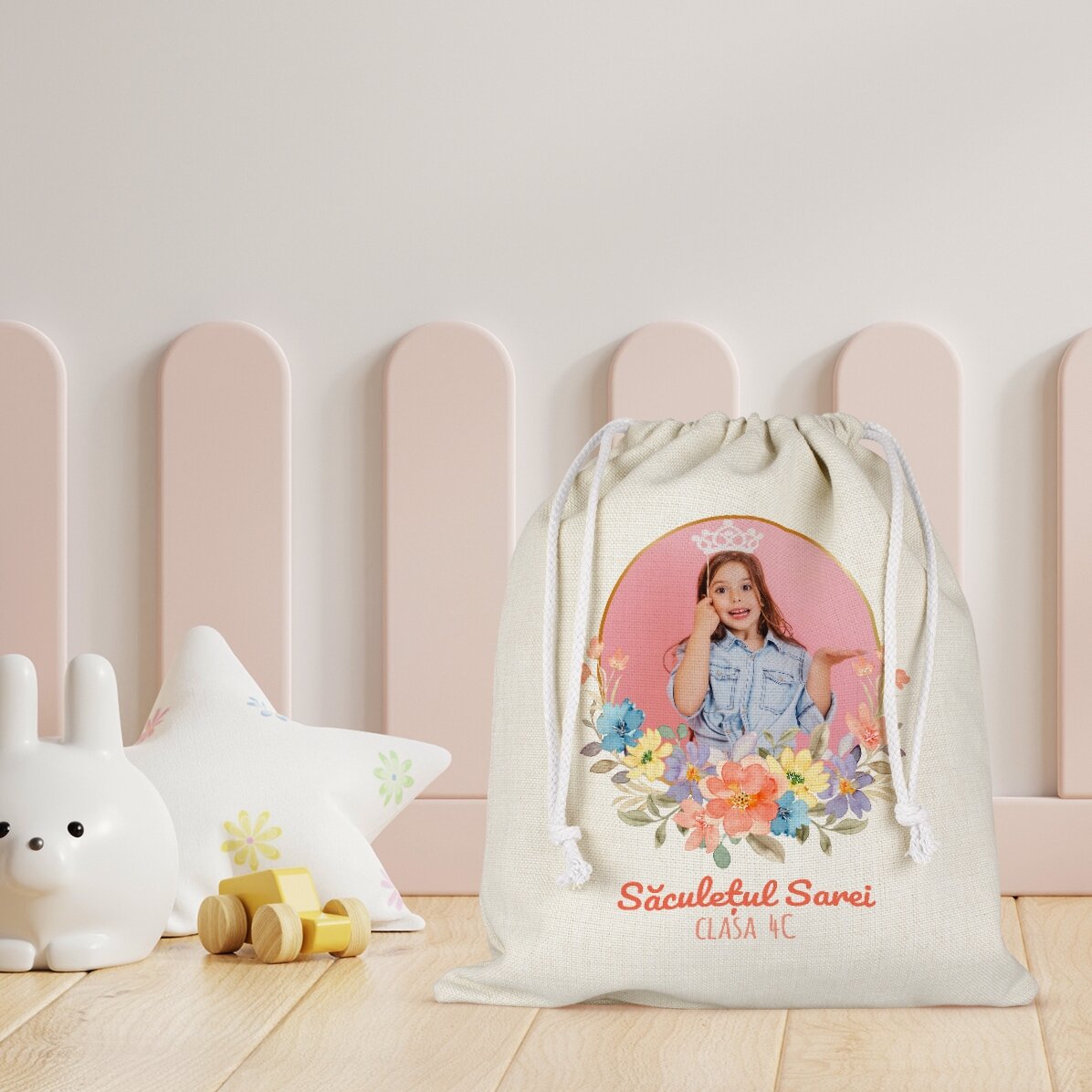 Bolsita para la guardería personalizada con un texto y una foto - Flowers