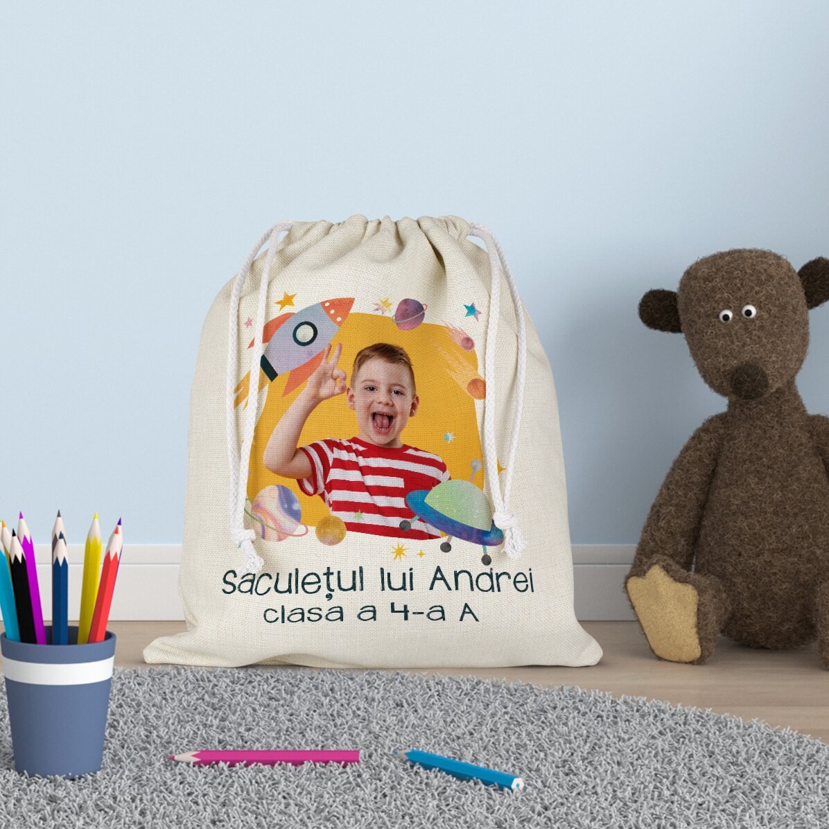 Bolsa para el colegio personalizada con texto y una foto - Cohete espacial