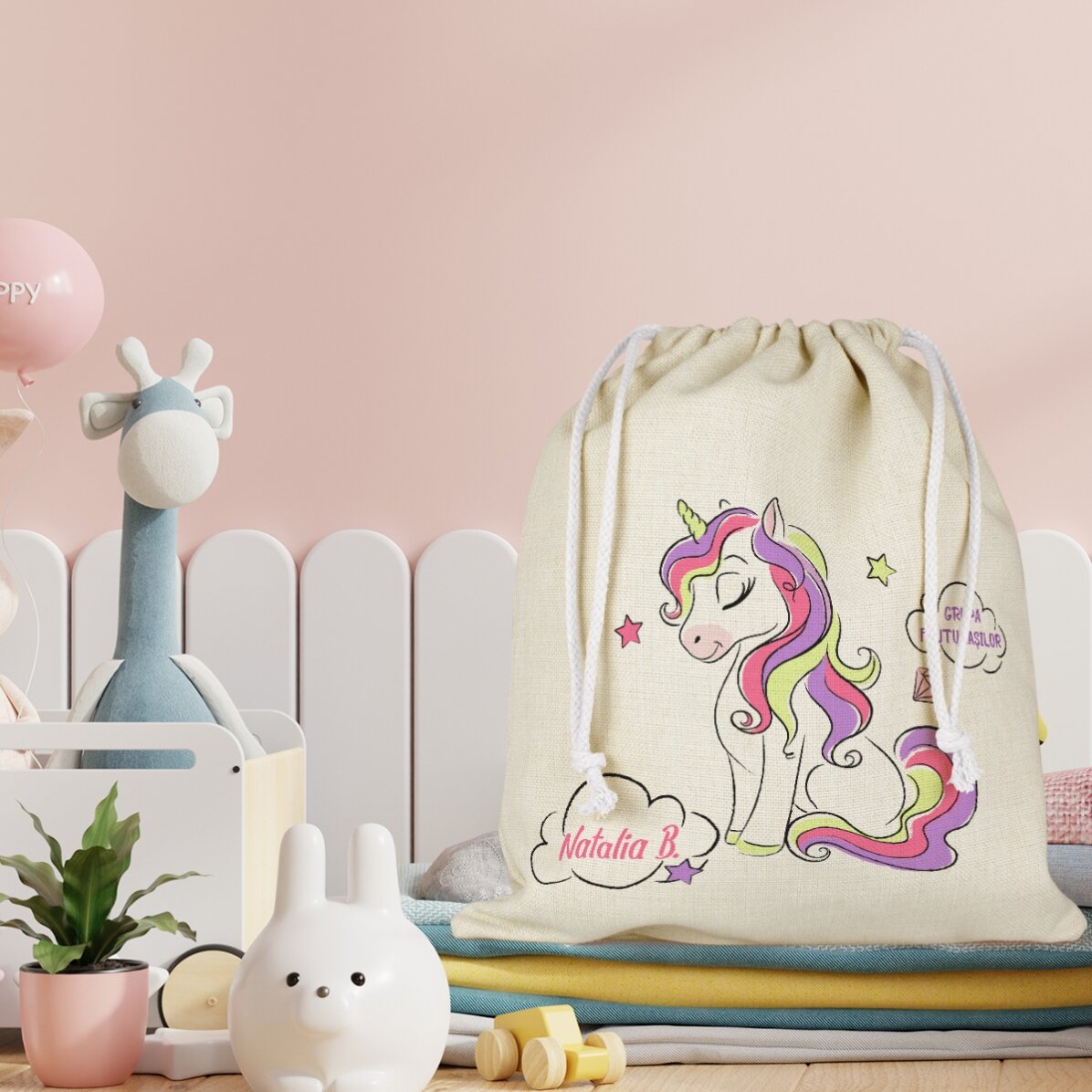 Bolsa para la guardería personalizada con texto - Unicornio