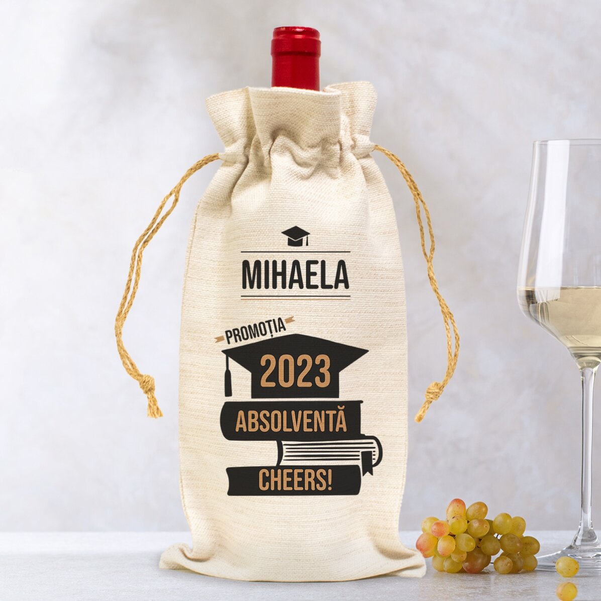 Bolsa para botella de vino, personalizada con un mensaje para los graduados