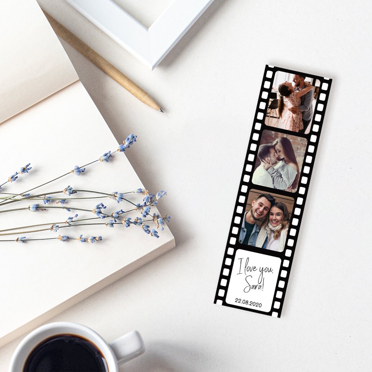 Marcapáginas personalizado con 3 fotos y texto - Nuestra historia