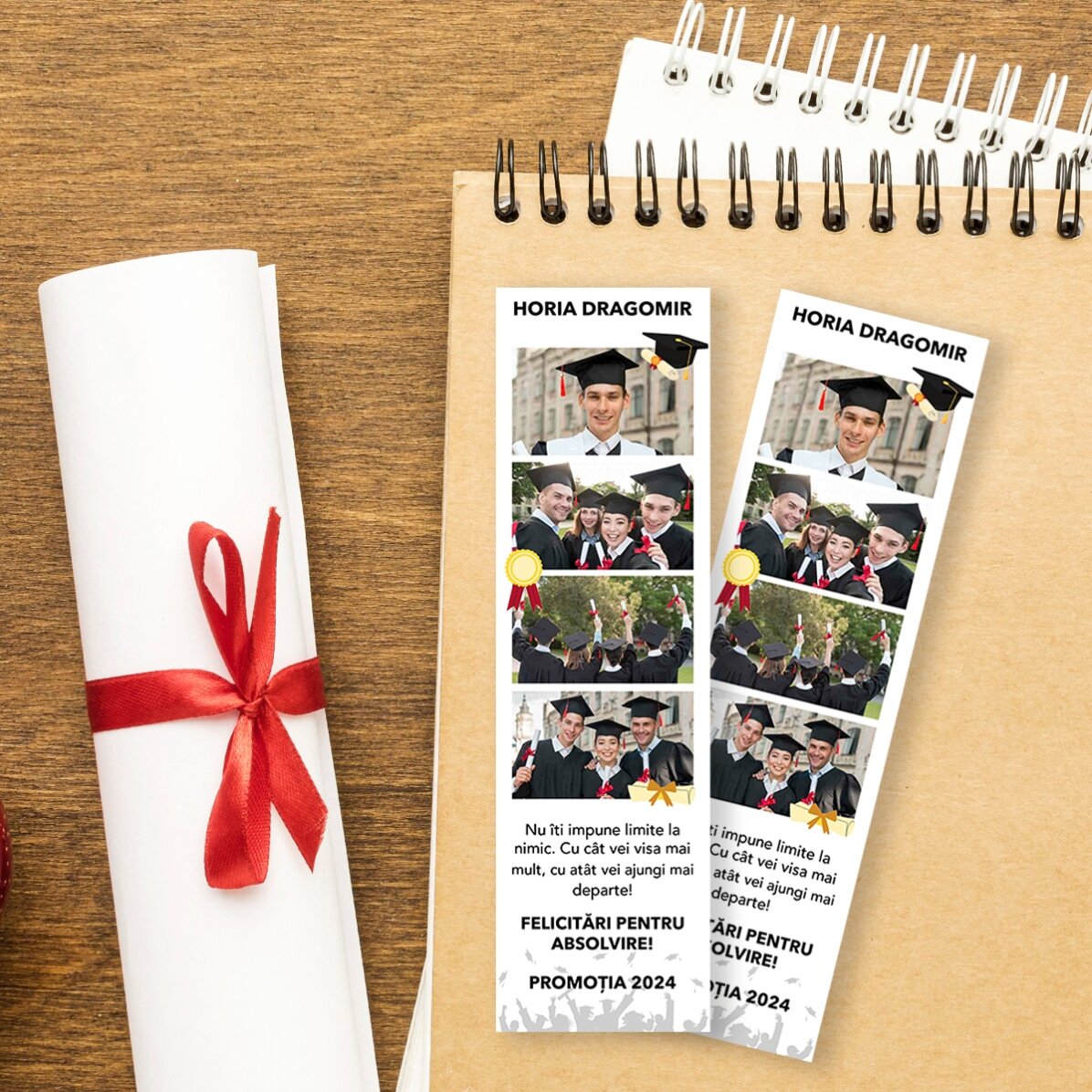 Marcapáginas personalizado con 4 fotos y texto - Graduación