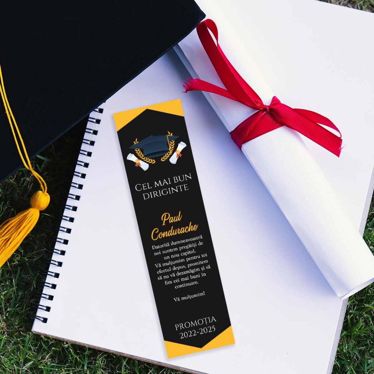 Marcapáginas personalizado con un mensaje de graduación