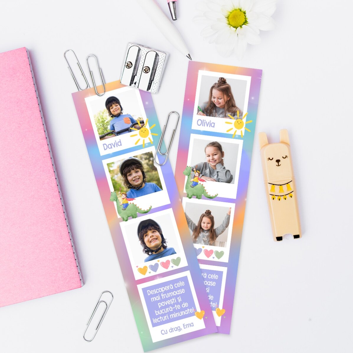 Marcapáginas personalizado con mensaje y 3 fotos - Arcoíris