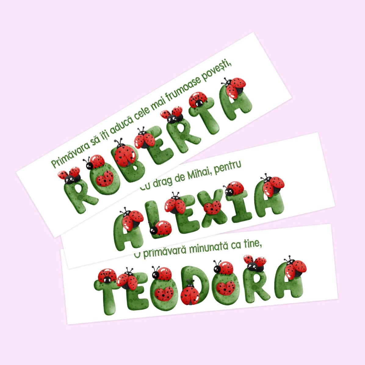 Marcapáginas personalizado con mensaje y nombre - Mariquitas