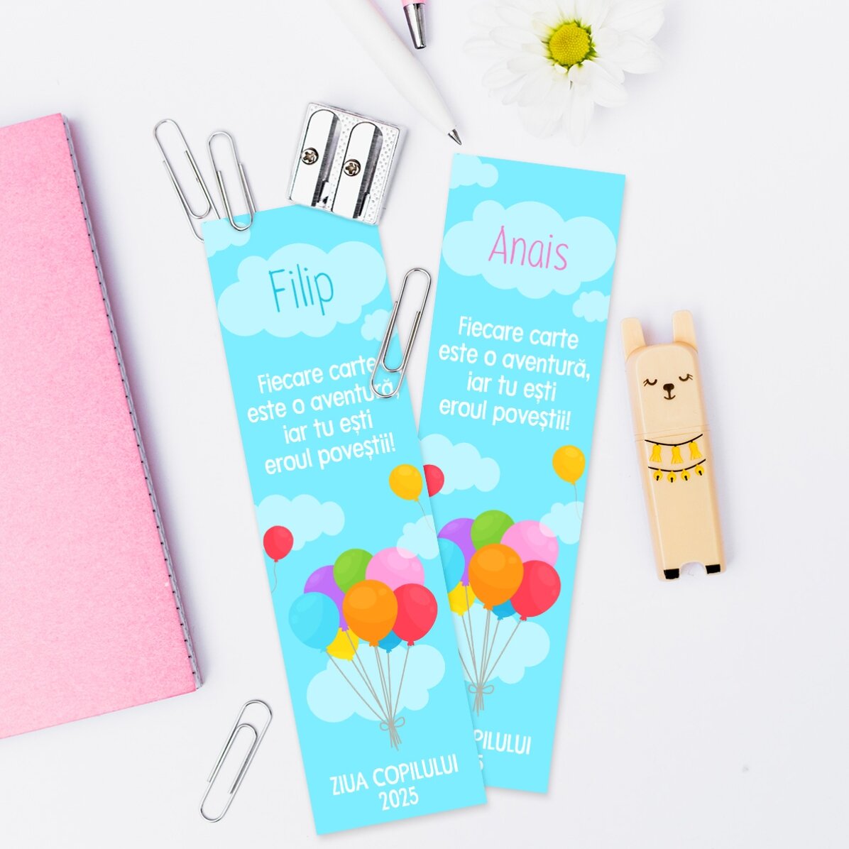 Marcapáginas personalizado con mensaje y nombre para niños - Globos